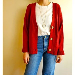 Red button-down cardigan
